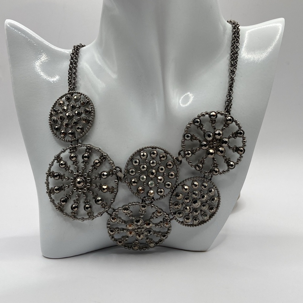 Faux Marcasite Multi Circle Necklace Gunmetal 20”L